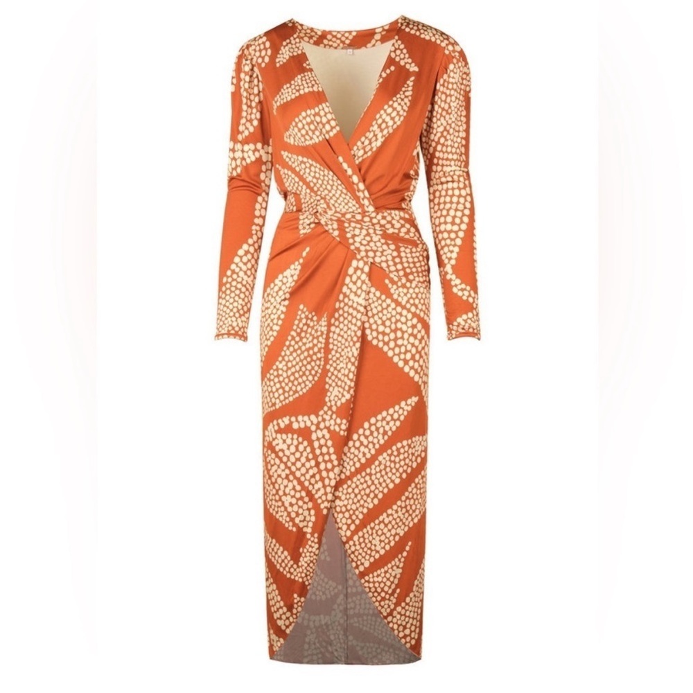 Johanna Ortiz Orange Printed Knot-Front Long Sleeve Midi Dress - Picture 2 of 5